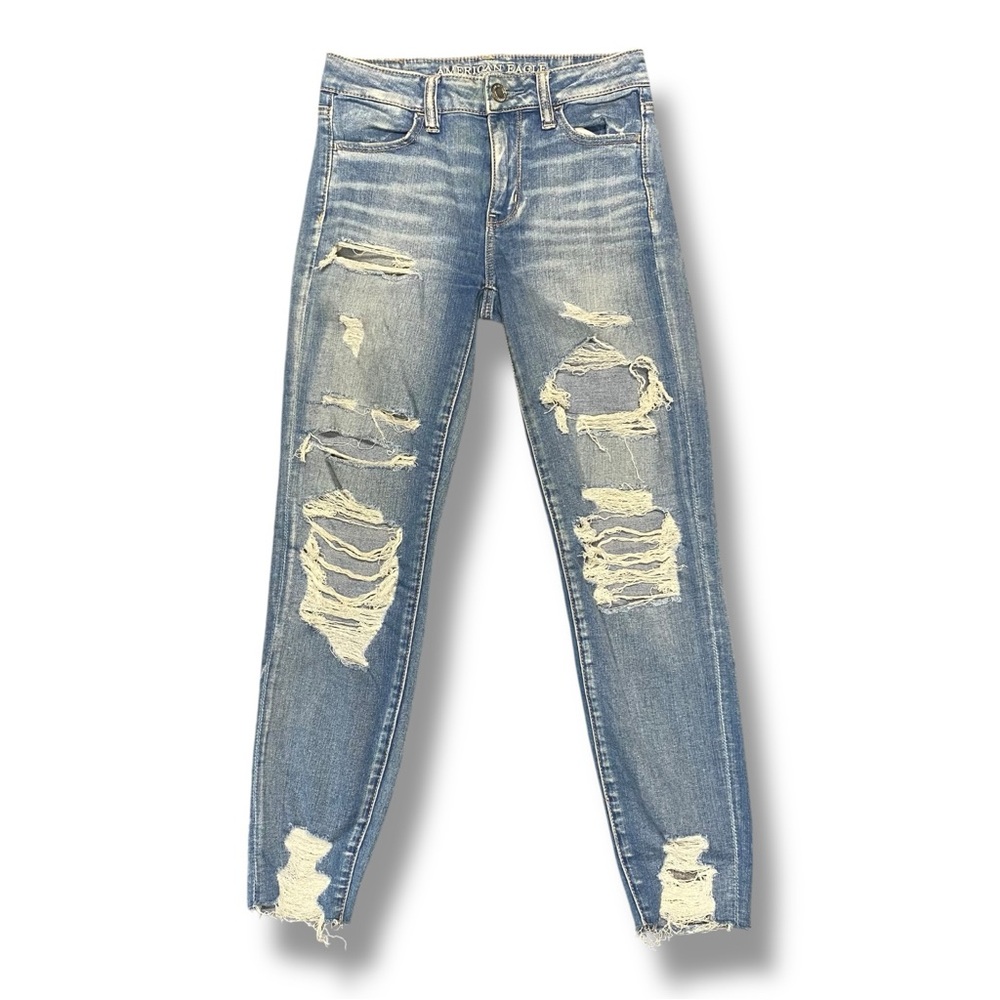 American Eagle Women's Cut Off Blue Denim Jeans Super Hi-Rise Jegging Sz 0